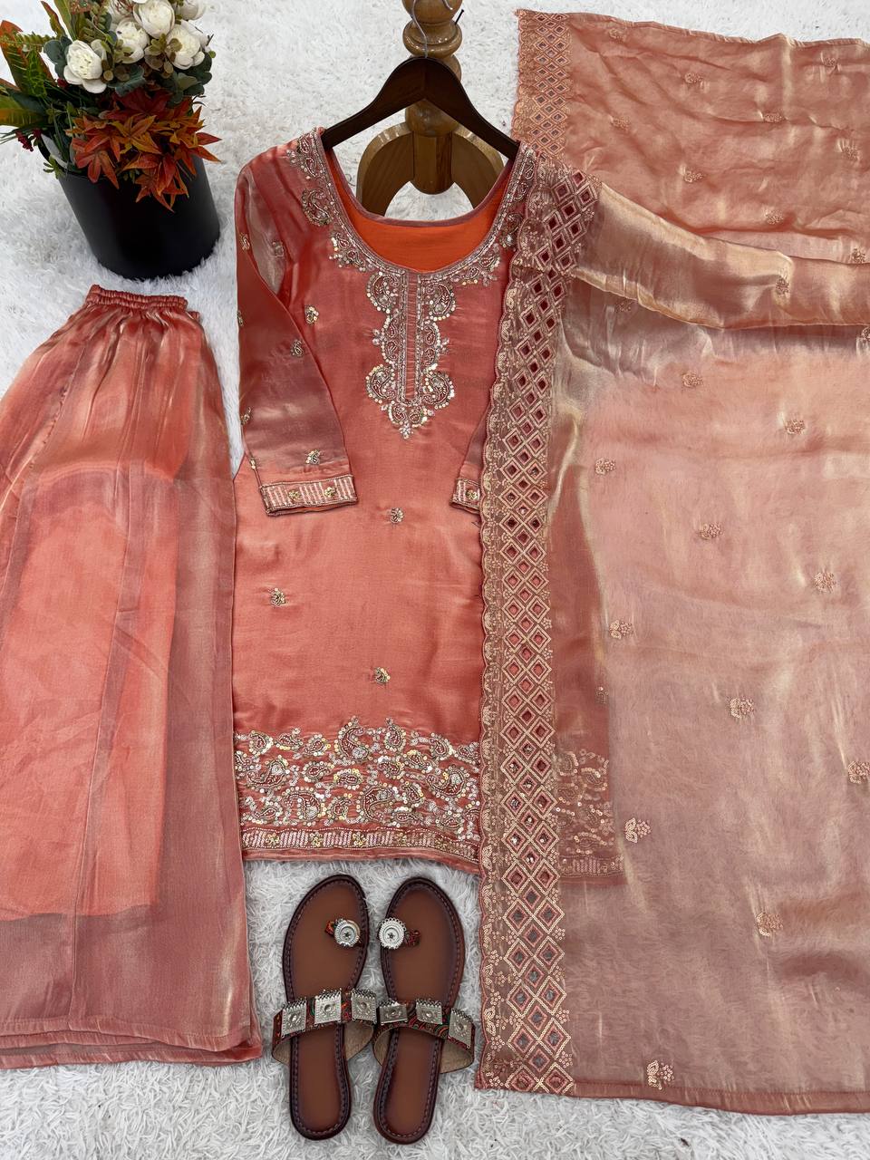 Organza Silk With Embroidery Beads Work with Cut Work Top , Plazzo & Dupatta