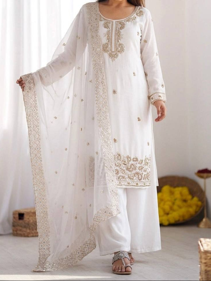 Organza Silk With Embroidery Beads Work with Cut Work Top , Plazzo & Dupatta