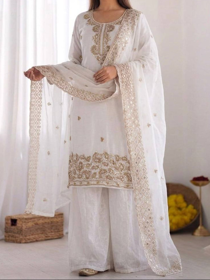 Organza Silk With Embroidery Beads Work with Cut Work Top , Plazzo & Dupatta