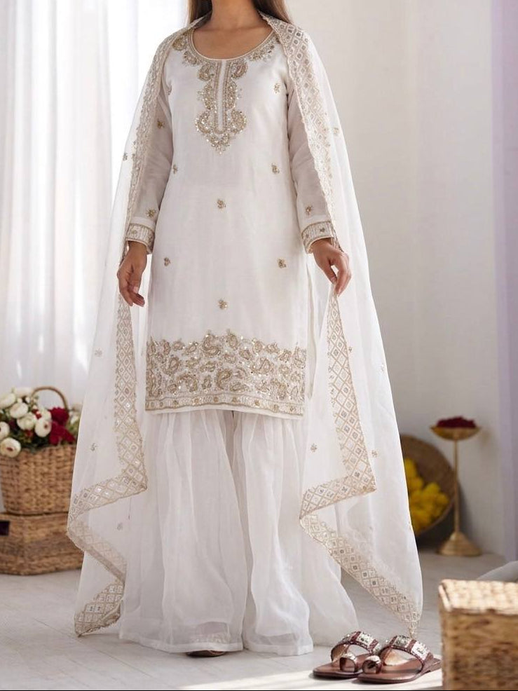 Organza Silk With Embroidery Beads Work with Cut Work Top , Plazzo & Dupatta