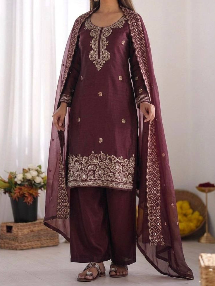 Organza Silk With Embroidery Beads Work with Cut Work Top , Plazzo & Dupatta