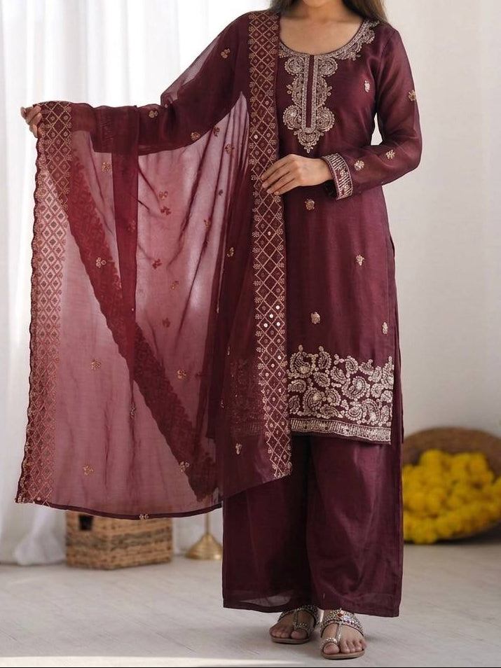 Organza Silk With Embroidery Beads Work with Cut Work Top , Plazzo & Dupatta