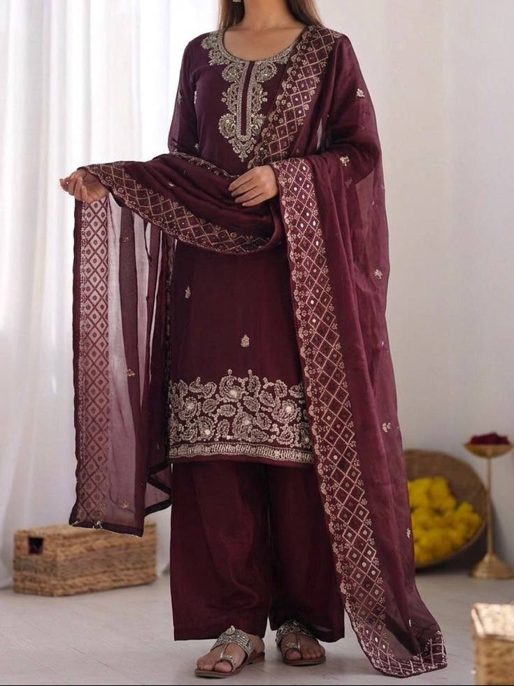 Organza Silk With Embroidery Beads Work with Cut Work Top , Plazzo & Dupatta
