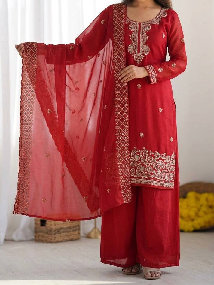 Organza Silk With Embroidery Beads Work with Cut Work Top , Plazzo & Dupatta