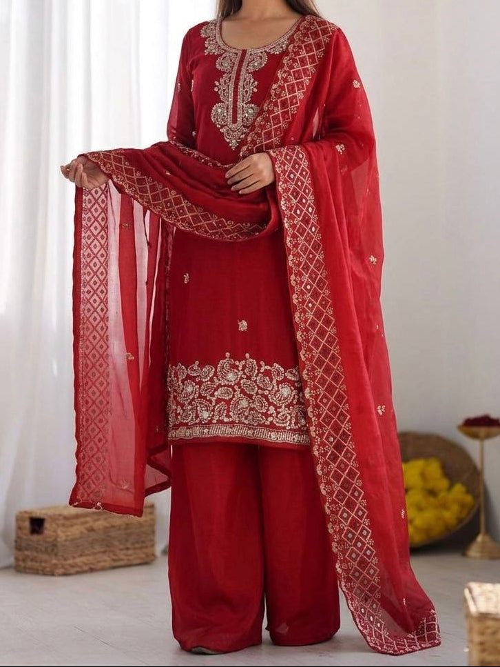 Organza Silk With Embroidery Beads Work with Cut Work Top , Plazzo & Dupatta