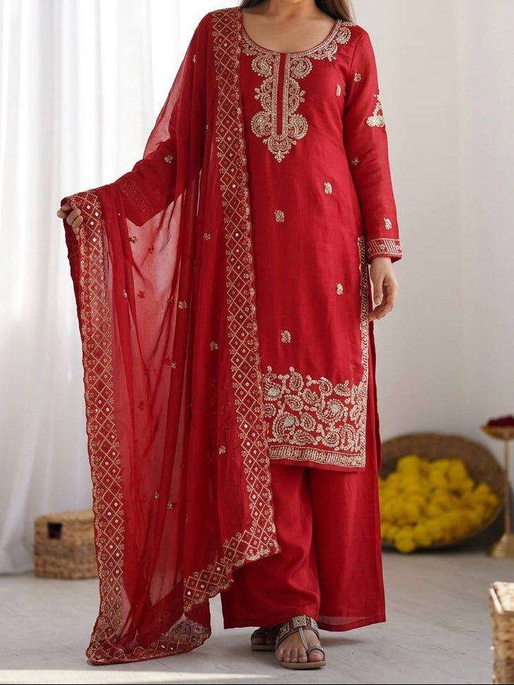Organza Silk With Embroidery Beads Work with Cut Work Top , Plazzo & Dupatta