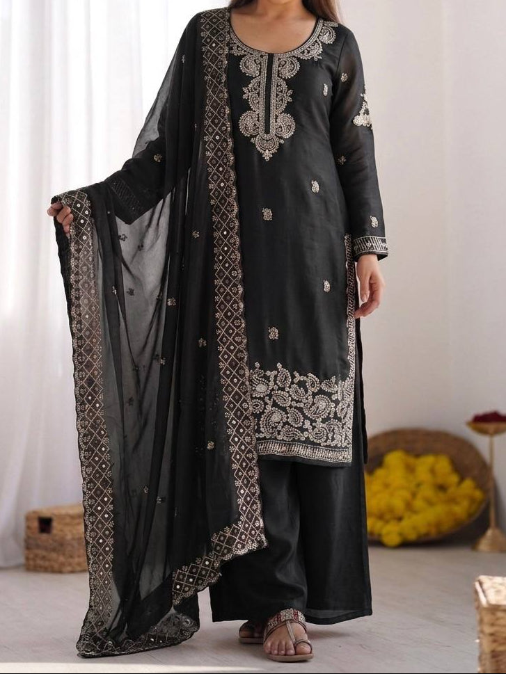Organza Silk With Embroidery Beads Work with Cut Work Top , Plazzo & Dupatta