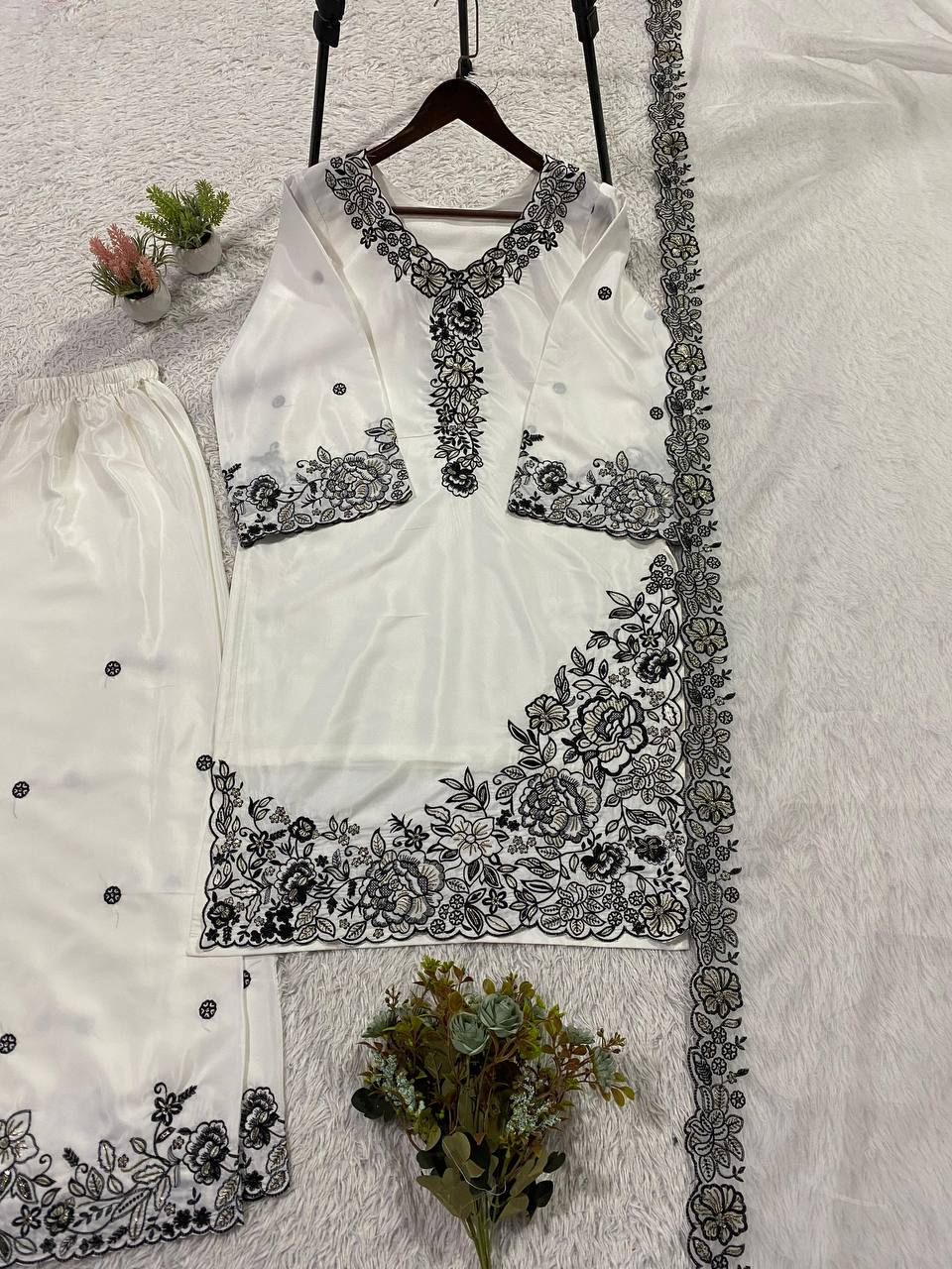 Premium Franch crape Sequence Embroidery Work Top, Plazzo & Dupatta