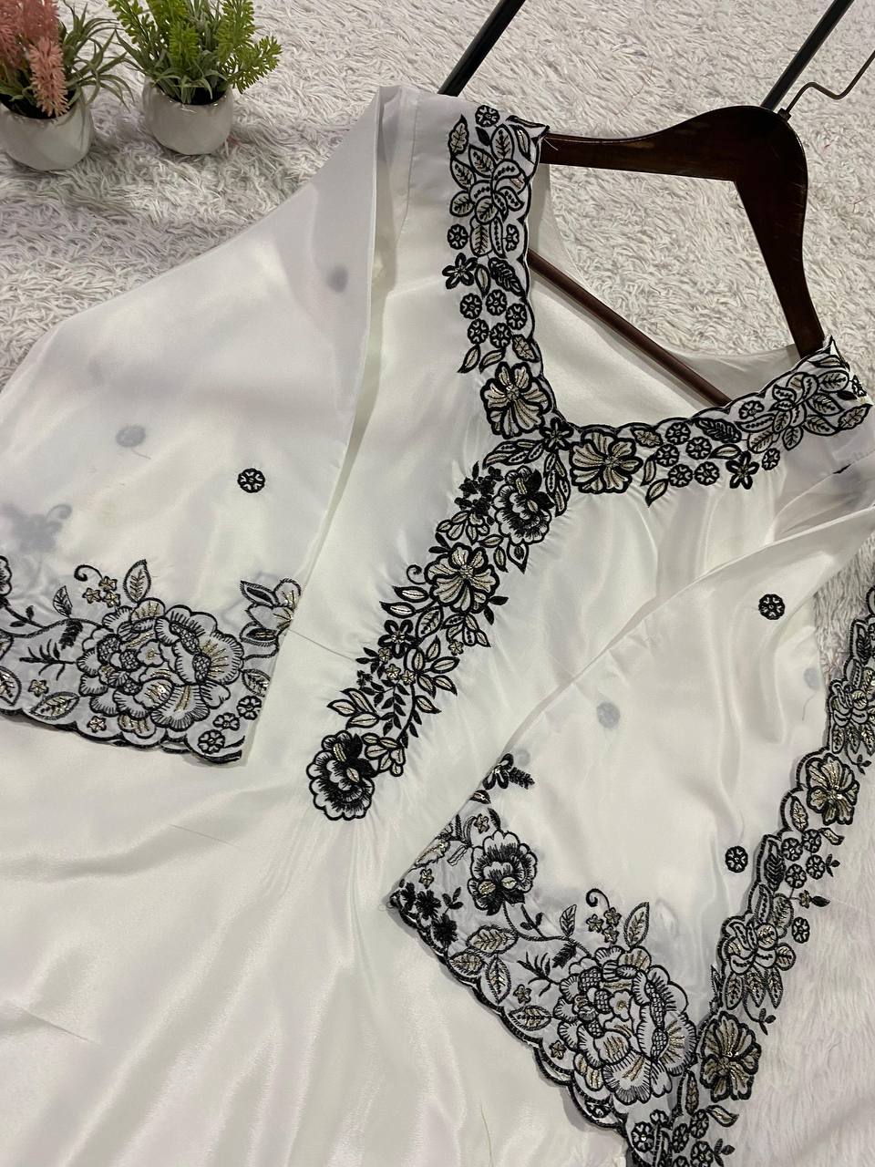 Premium Franch crape Sequence Embroidery Work Top, Plazzo & Dupatta