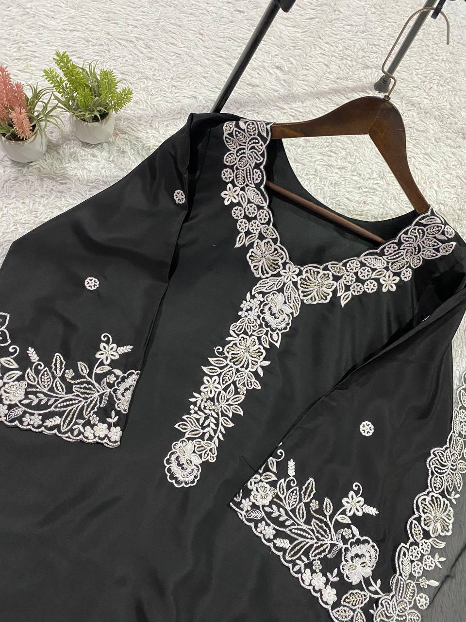 Premium Franch crape Sequence Embroidery Work Top, Plazzo & Dupatta