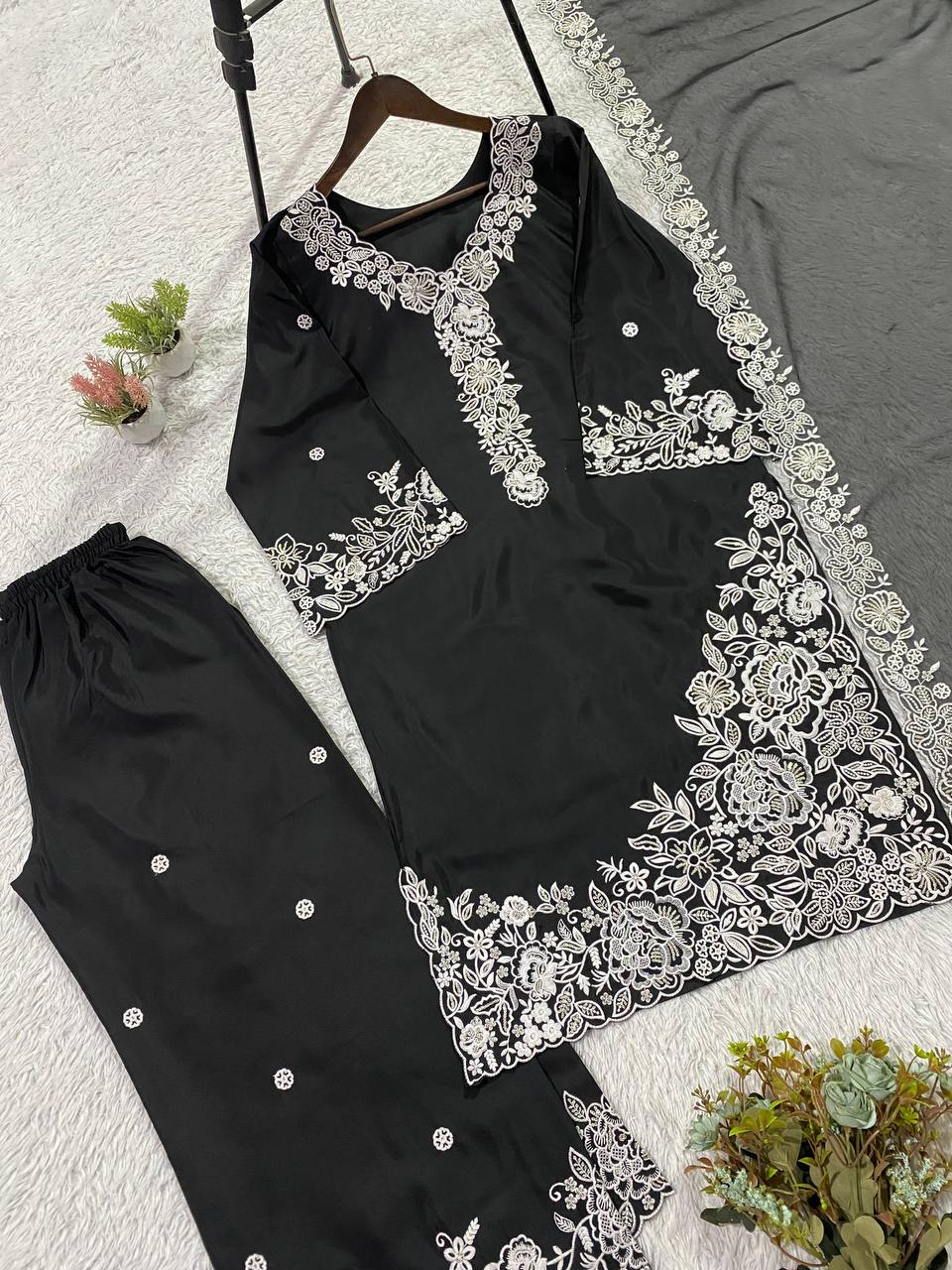 Premium Franch crape Sequence Embroidery Work Top, Plazzo & Dupatta