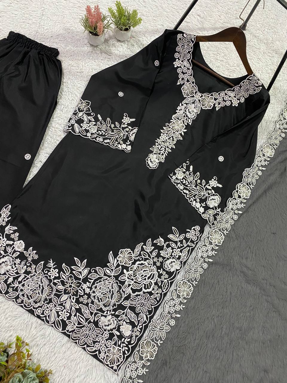 Premium Franch crape Sequence Embroidery Work Top, Plazzo & Dupatta