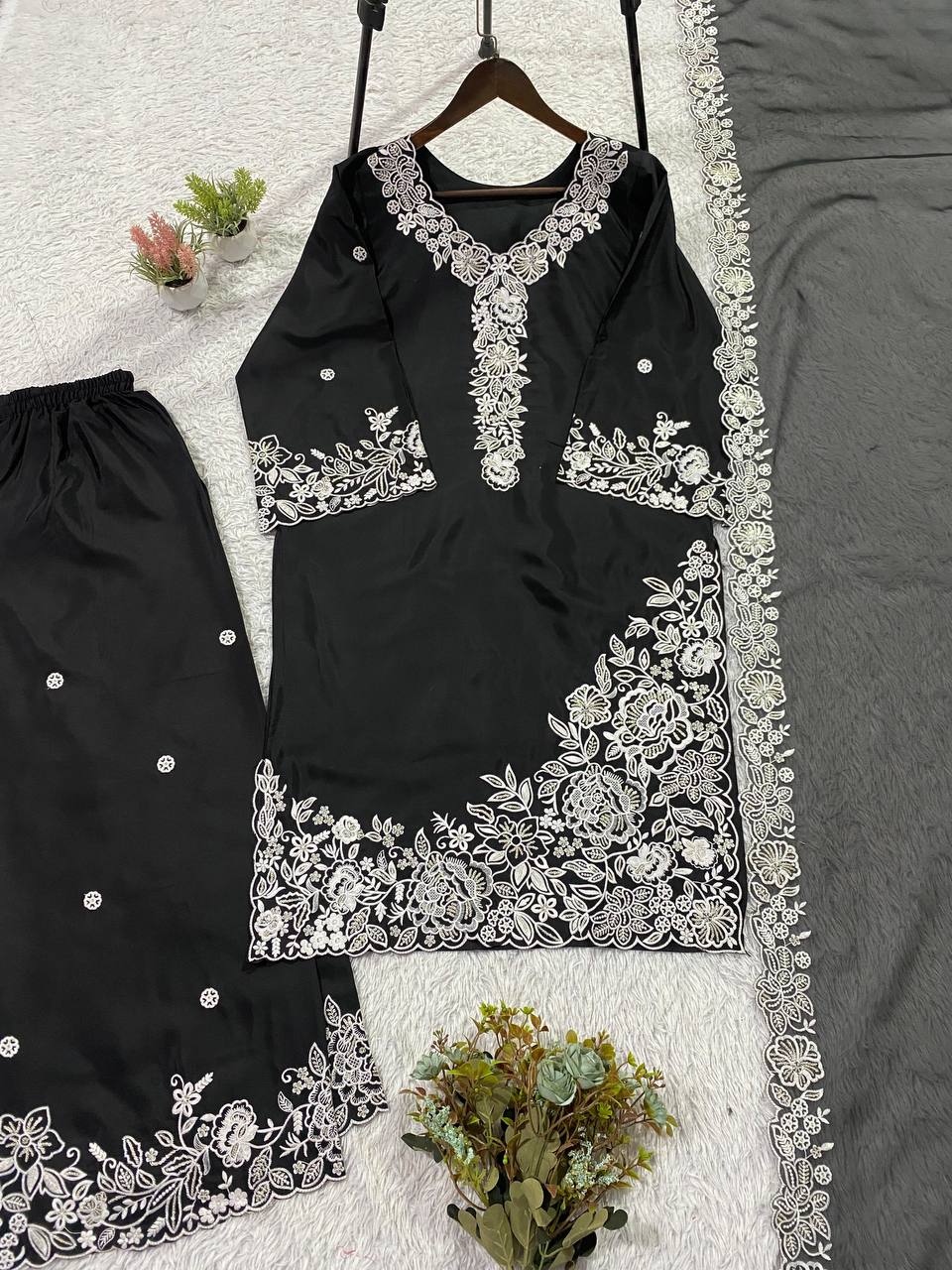 Premium Franch crape Sequence Embroidery Work Top, Plazzo & Dupatta