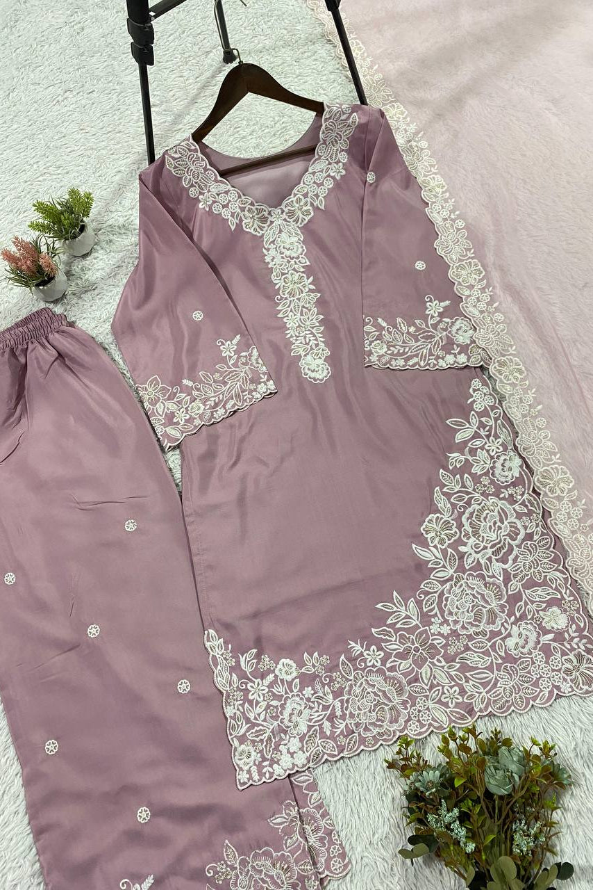 Premium Franch crape Sequence Embroidery Work Top, Plazzo & Dupatta