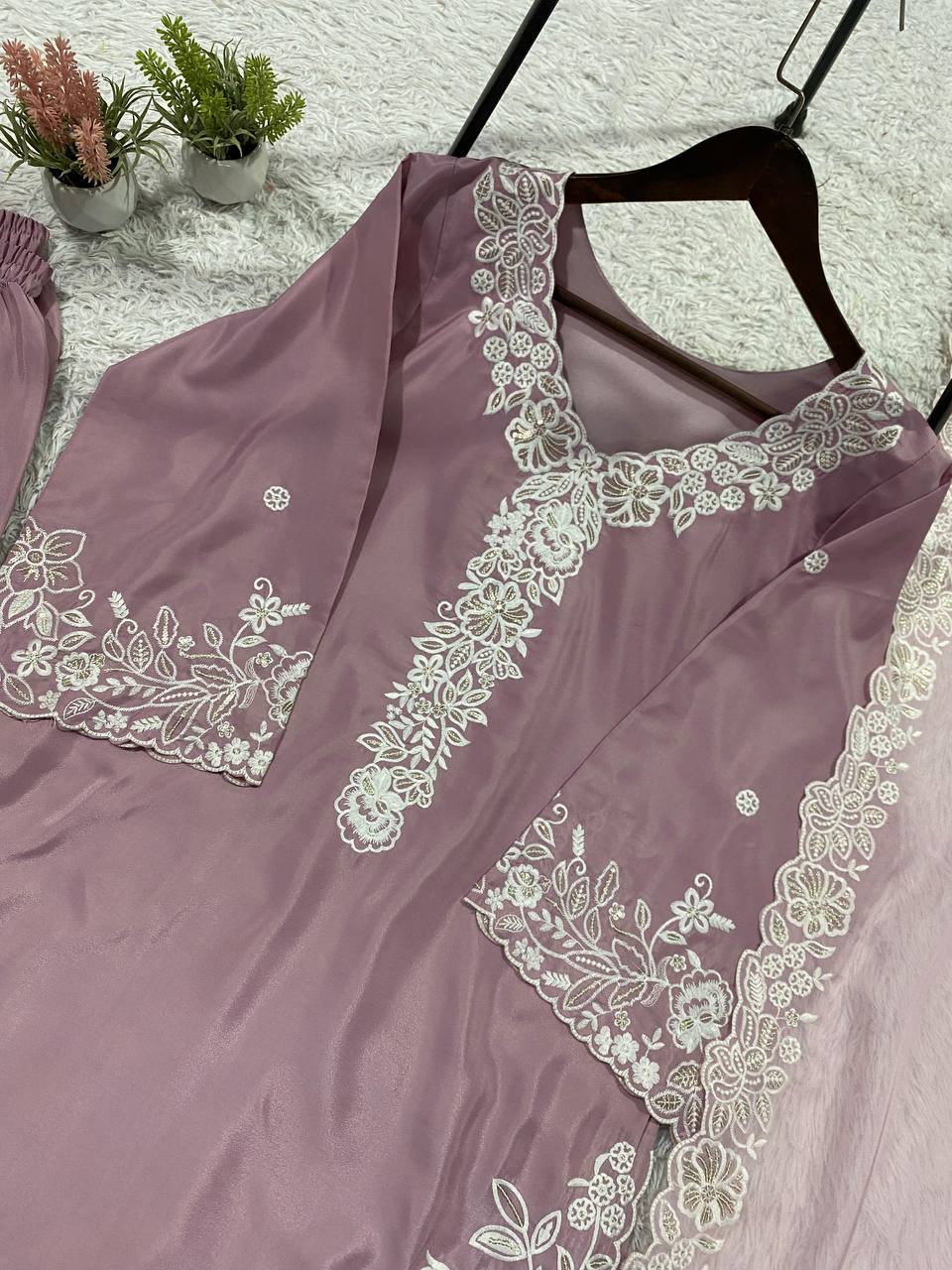 Premium Franch crape Sequence Embroidery Work Top, Plazzo & Dupatta