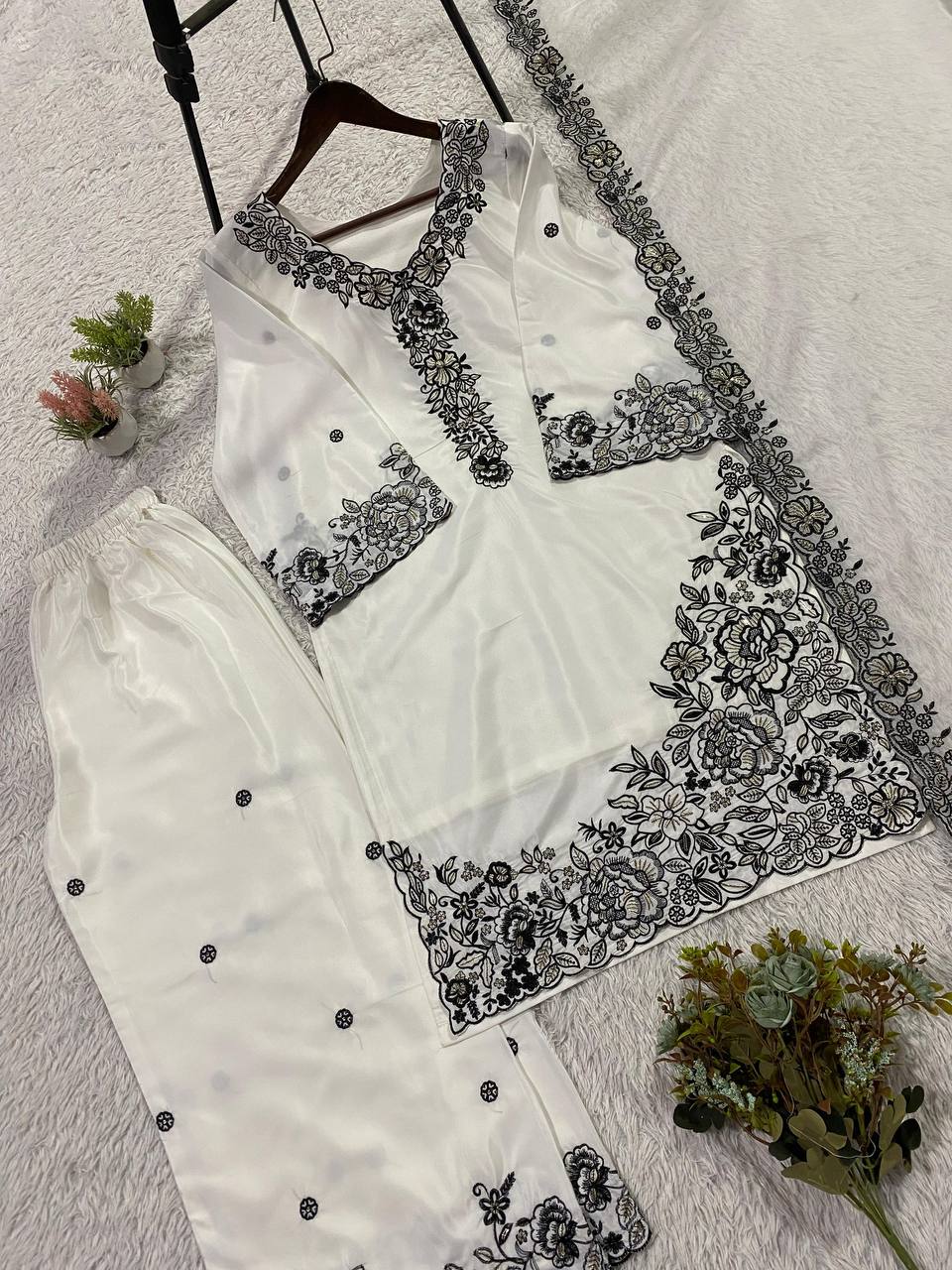 Premium Franch crape Sequence Embroidery Work Top, Plazzo & Dupatta