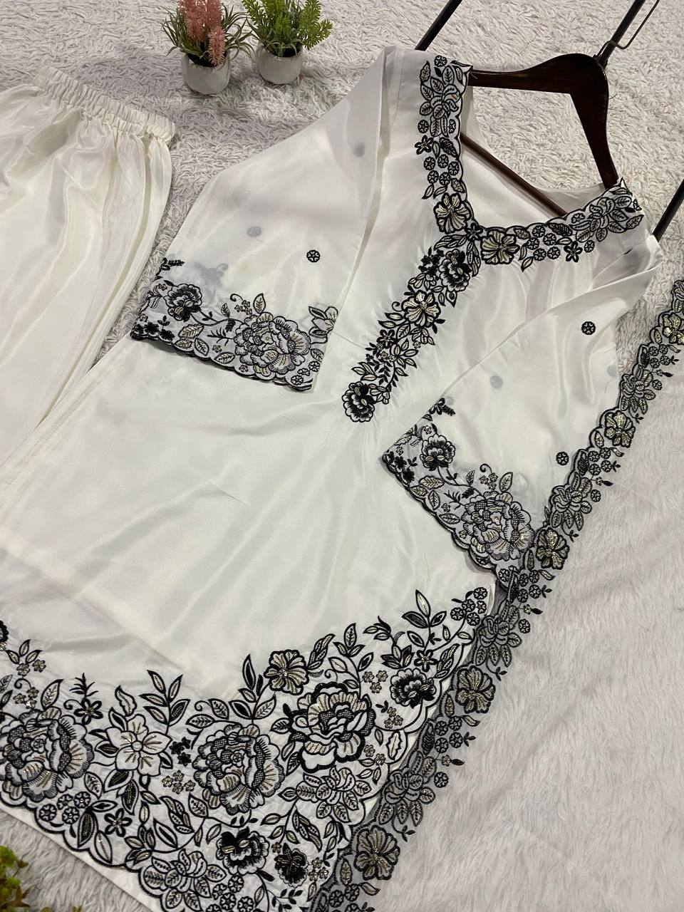 Premium Franch crape Sequence Embroidery Work Top, Plazzo & Dupatta