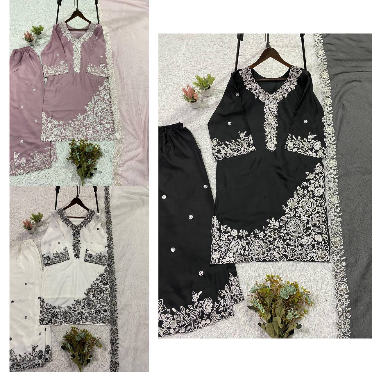 Premium Franch crape Sequence Embroidery Work Top, Plazzo & Dupatta
