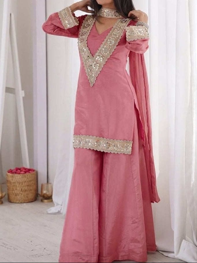 Soft Chinon Original Mirror Work & Real Moti Work Palazzo Set