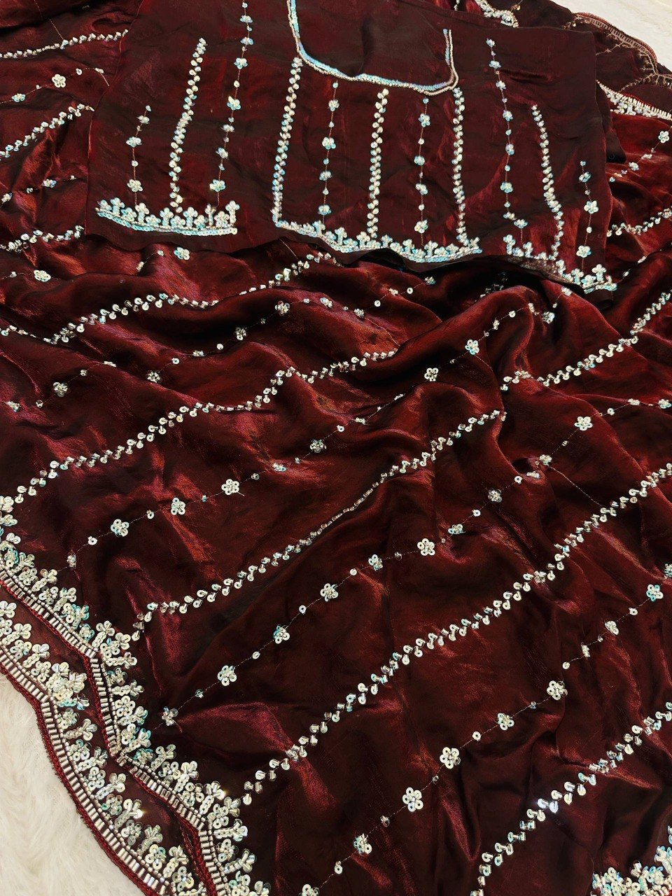 Fandy Satin Beads And Sequins Embroidery Design Work Saree
