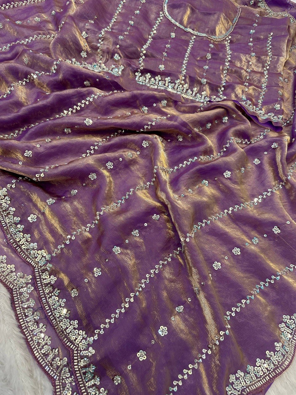 Fandy Satin Beads And Sequins Embroidery Design Work Saree