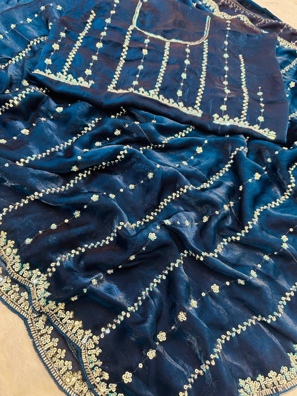 Fandy Satin Beads And Sequins Embroidery Design Work Saree