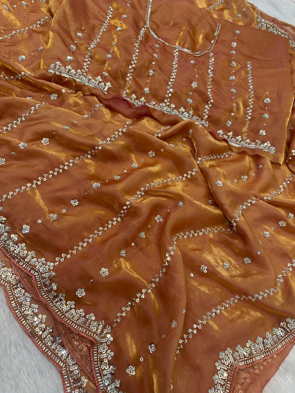 Fandy Satin Beads And Sequins Embroidery Design Work Saree