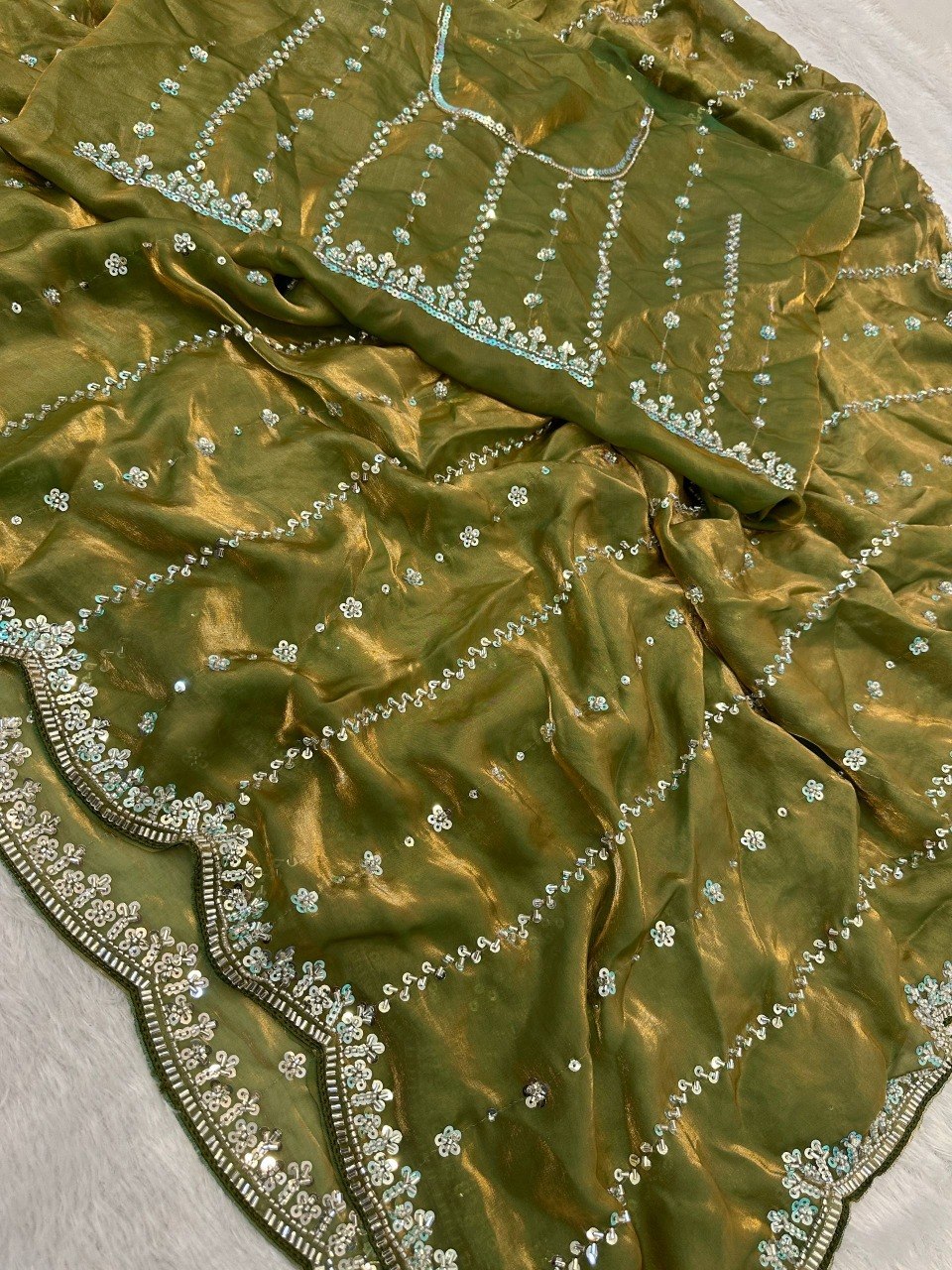 Fandy Satin Beads And Sequins Embroidery Design Work Saree