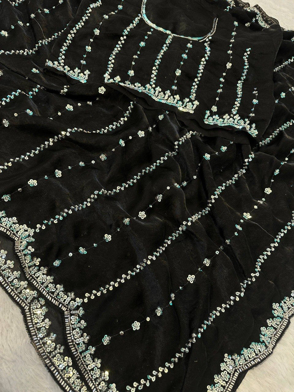Fandy Satin Beads And Sequins Embroidery Design Work Saree