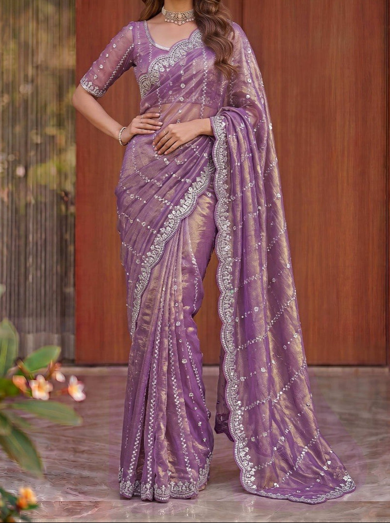 Fandy Satin Beads And Sequins Embroidery Design Work Saree