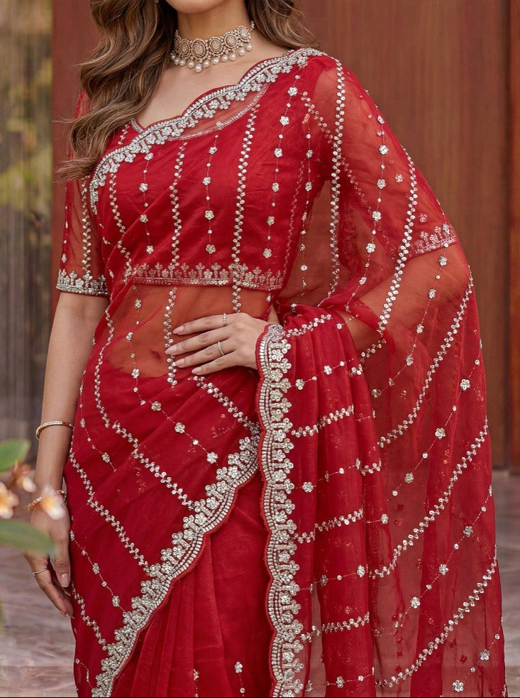 Fandy Satin Beads And Sequins Embroidery Design Work Saree