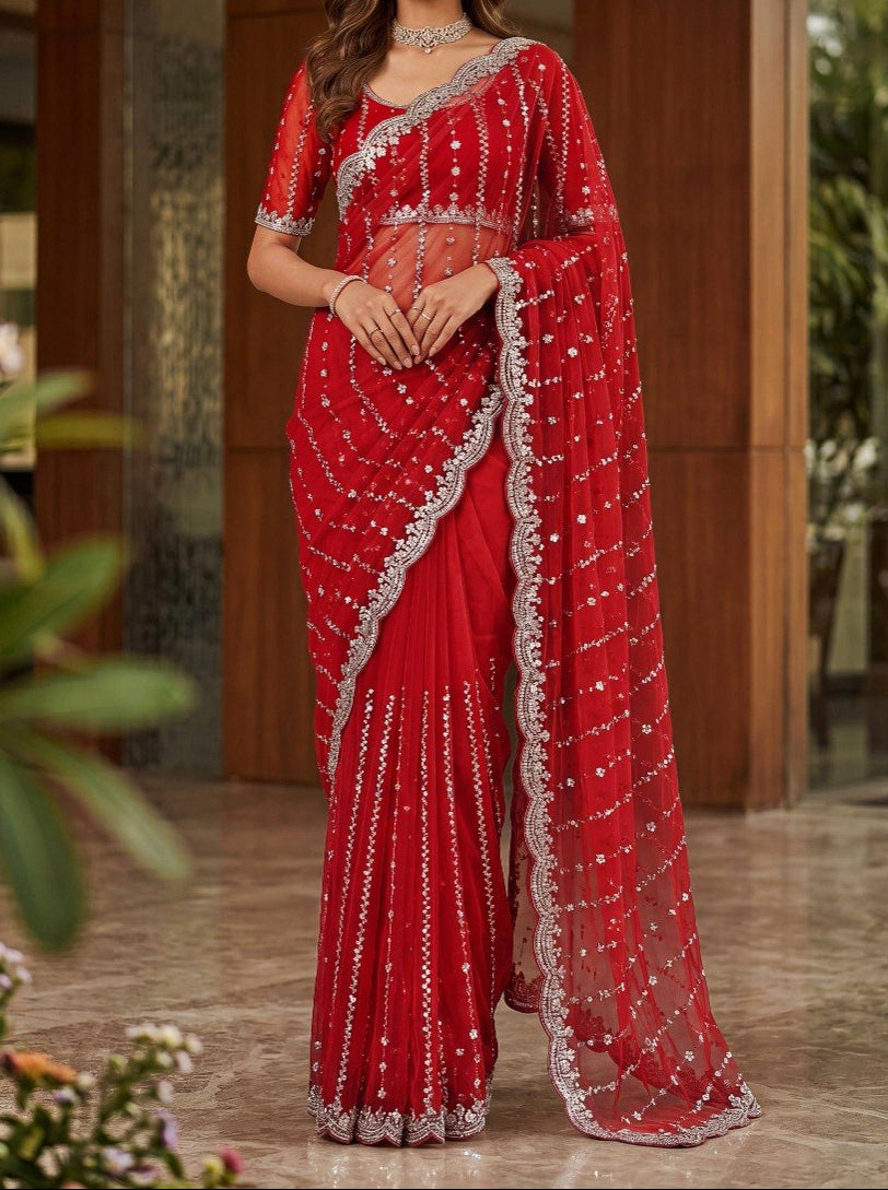 Fandy Satin Beads And Sequins Embroidery Design Work Saree