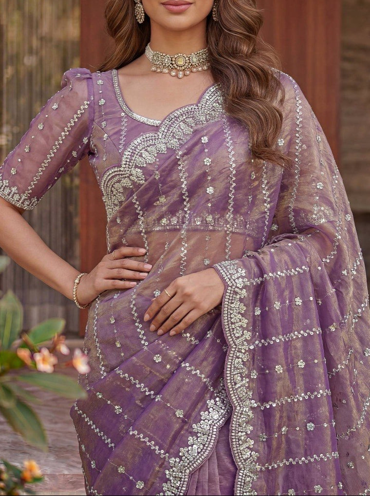 Fandy Satin Beads And Sequins Embroidery Design Work Saree
