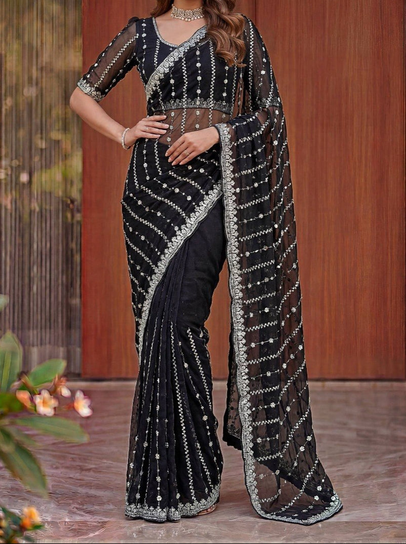 Fandy Satin Beads And Sequins Embroidery Design Work Saree