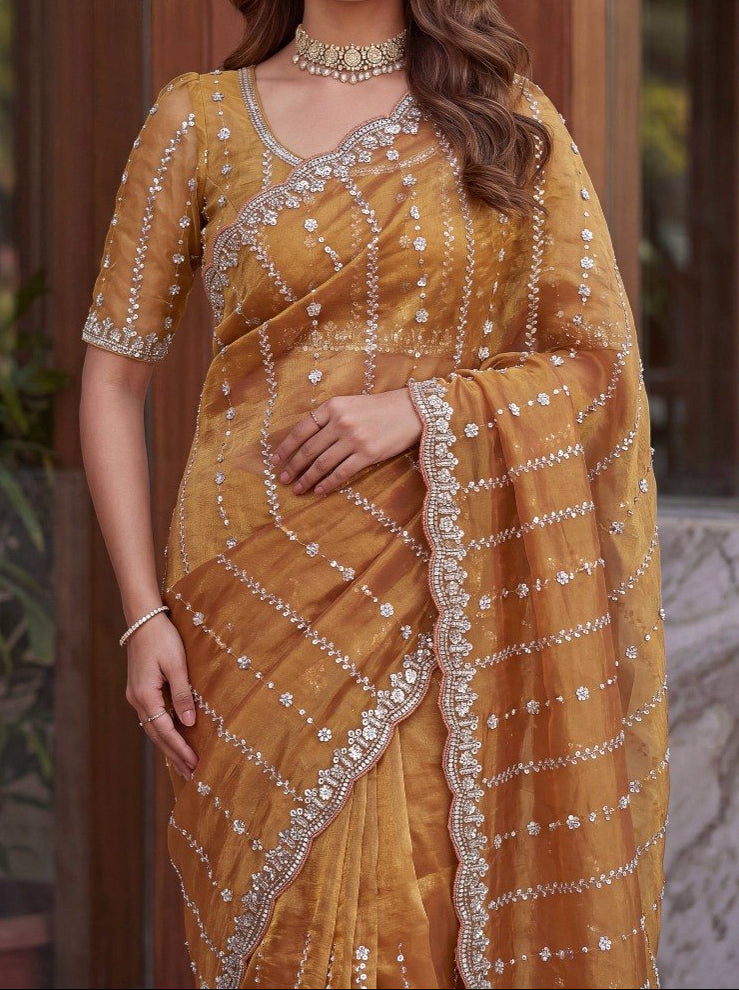 Fandy Satin Beads And Sequins Embroidery Design Work Saree