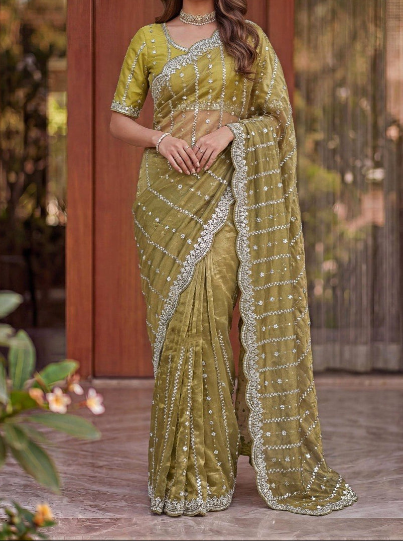 Fandy Satin Beads And Sequins Embroidery Design Work Saree