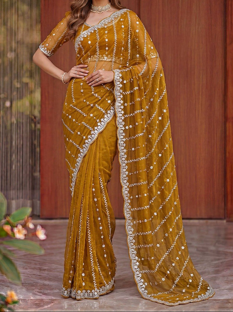 Fandy Satin Beads And Sequins Embroidery Design Work Saree