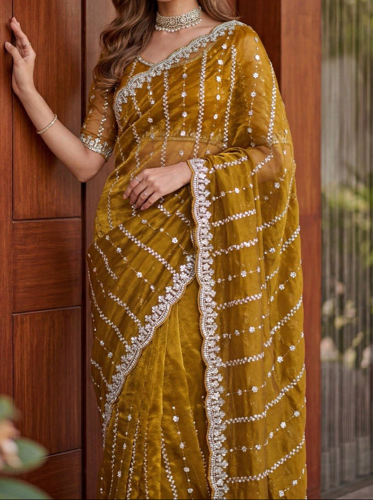Fandy Satin Beads And Sequins Embroidery Design Work Saree