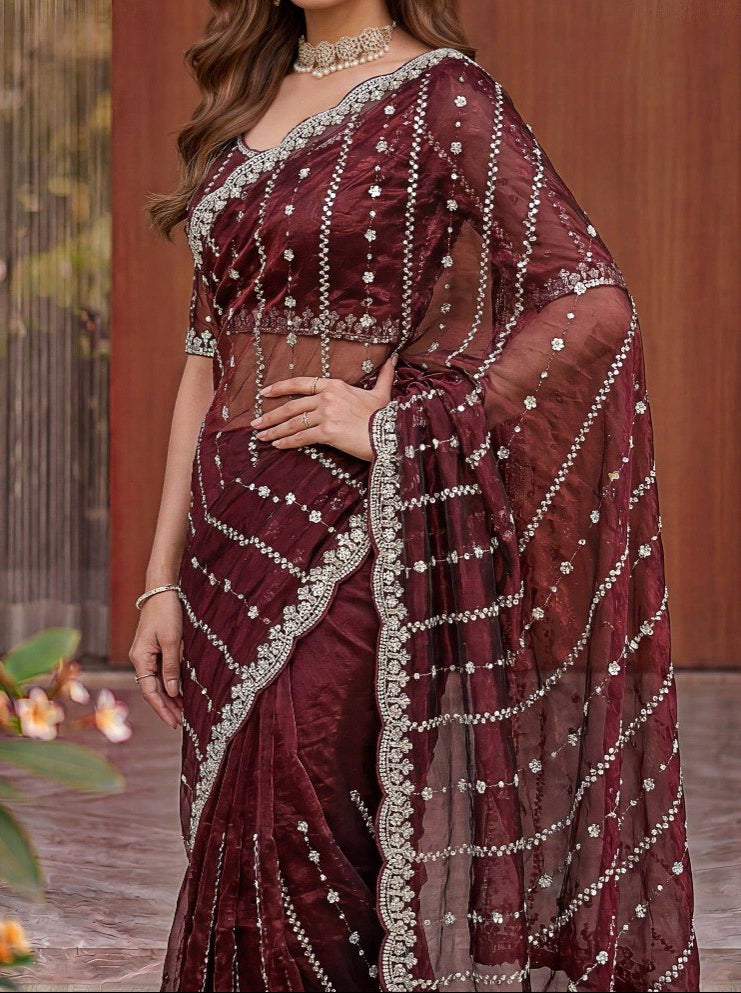 Fandy Satin Beads And Sequins Embroidery Design Work Saree