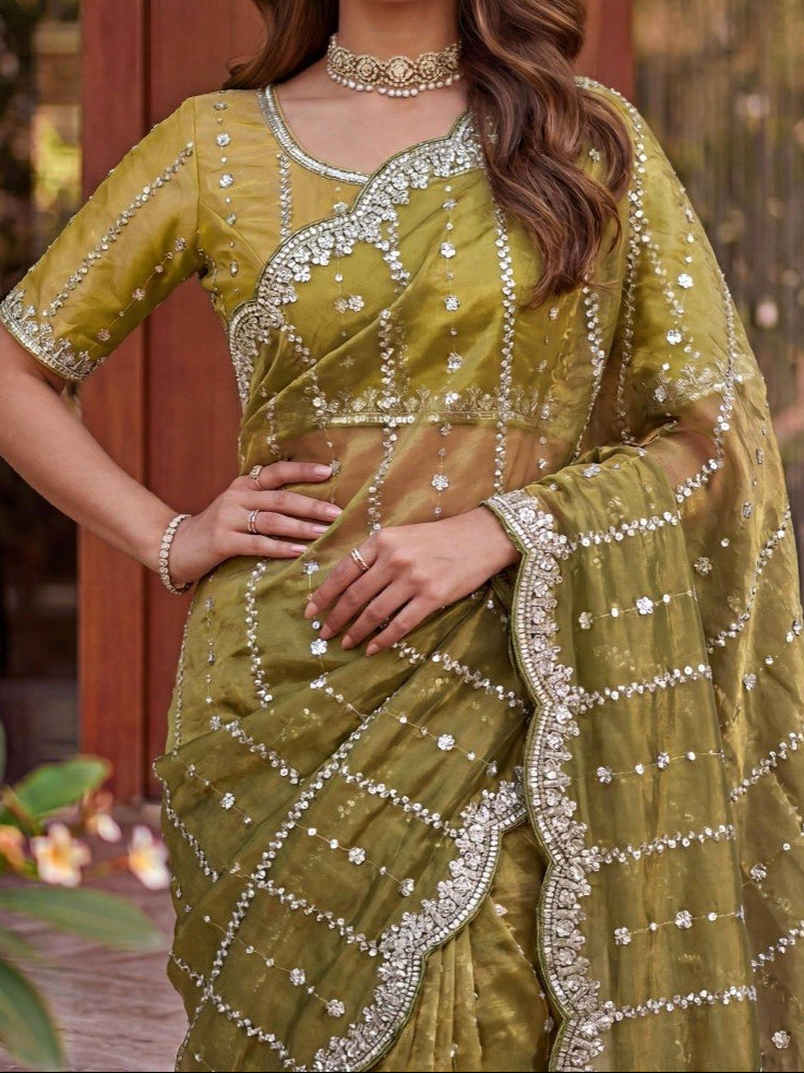 Fandy Satin Beads And Sequins Embroidery Design Work Saree