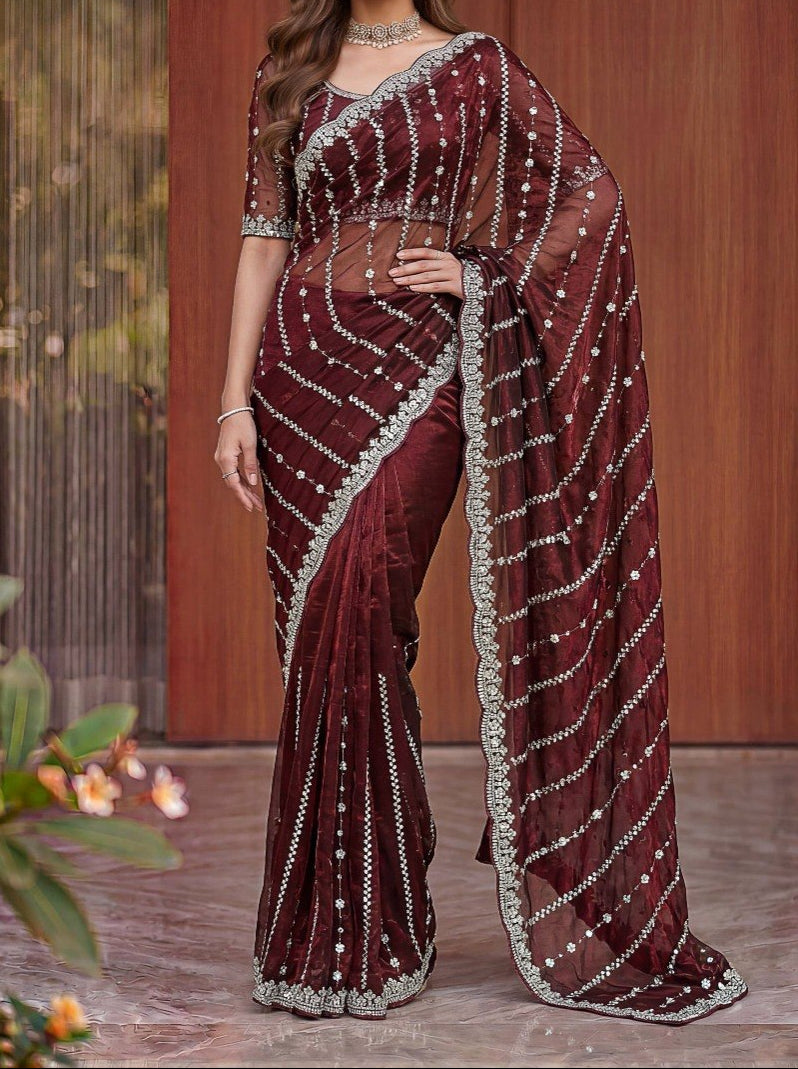 Fandy Satin Beads And Sequins Embroidery Design Work Saree