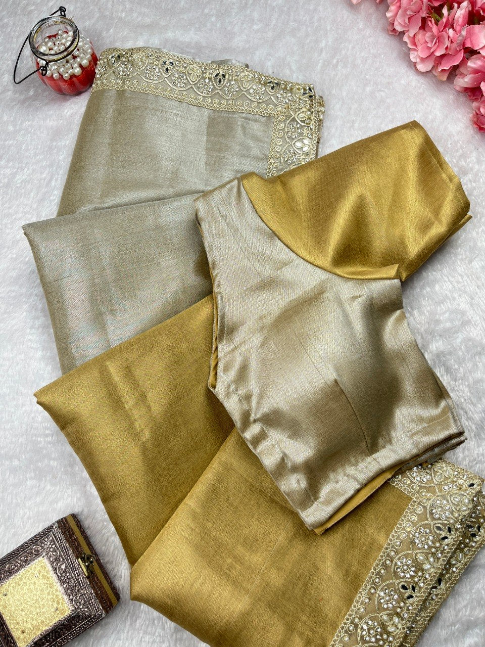 Wedding Wear Tissue Silk Rich Handcrafted Border Enhancing Saree Beauty.