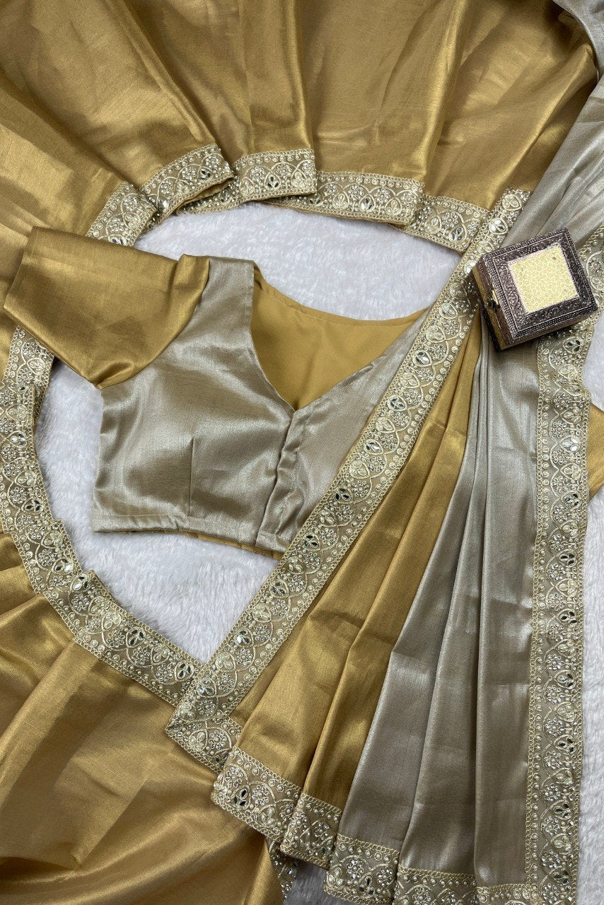 Wedding Wear Tissue Silk Rich Handcrafted Border Enhancing Saree Beauty.