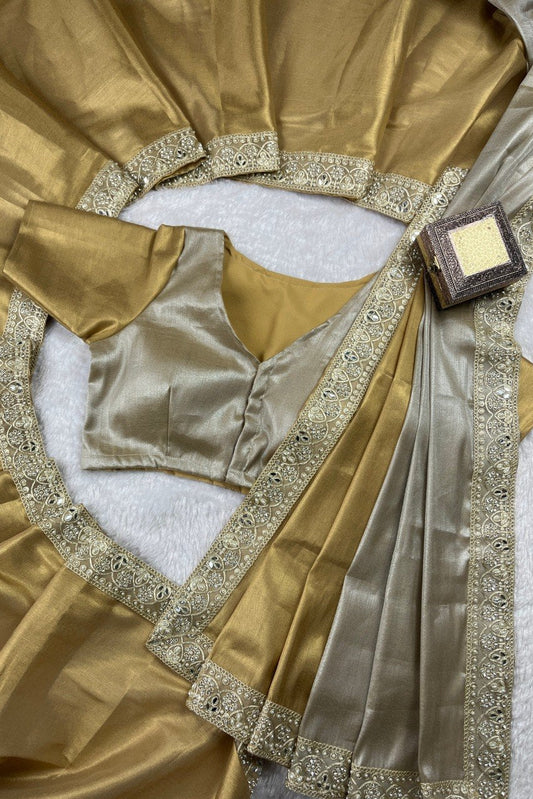 Wedding Wear Tissue Silk Rich Handcrafted Border Enhancing Saree Beauty.