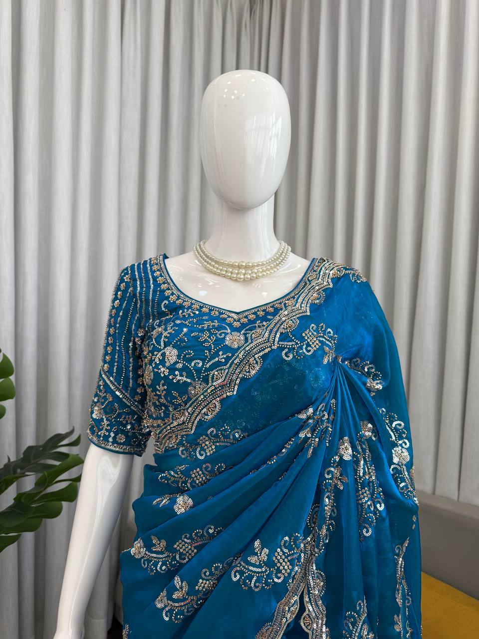 Party Wear Fendy Silk Beads With Sequence Work Saree