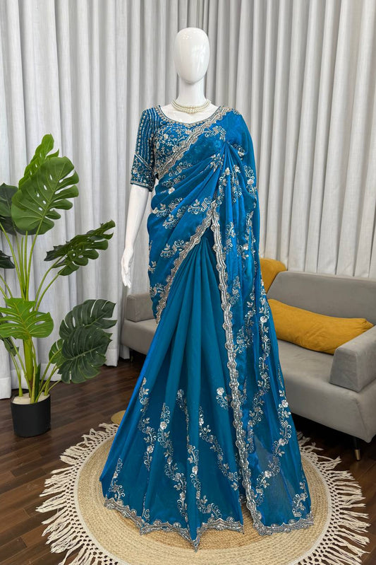 Party Wear Fendy Silk Beads With Sequence Work Saree