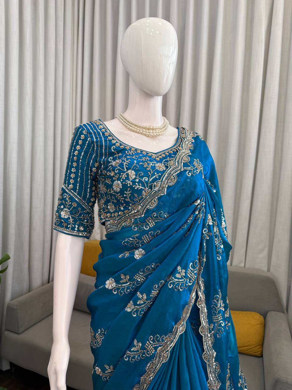 Party Wear Fendy Silk Beads With Sequence Work Saree