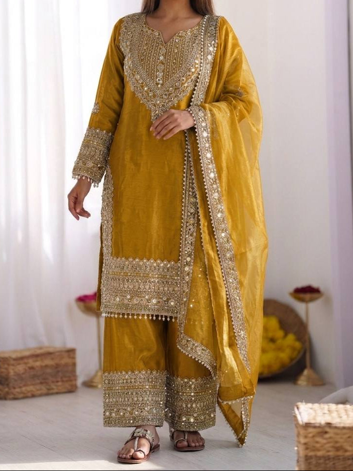 Wedding Waer Fendy Silk Embrodery sequence with Lace Border Top, Plazzo & Dupatta