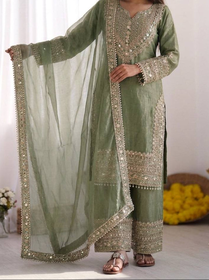 Wedding Waer Fendy Silk Embrodery sequence with Lace Border Top, Plazzo & Dupatta