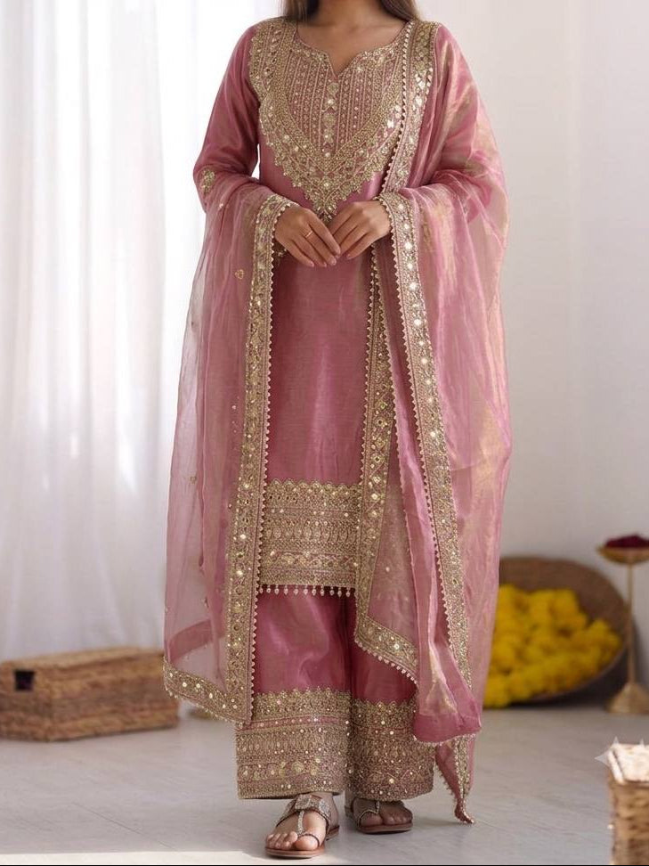 Wedding Waer Fendy Silk Embrodery sequence with Lace Border Top, Plazzo & Dupatta